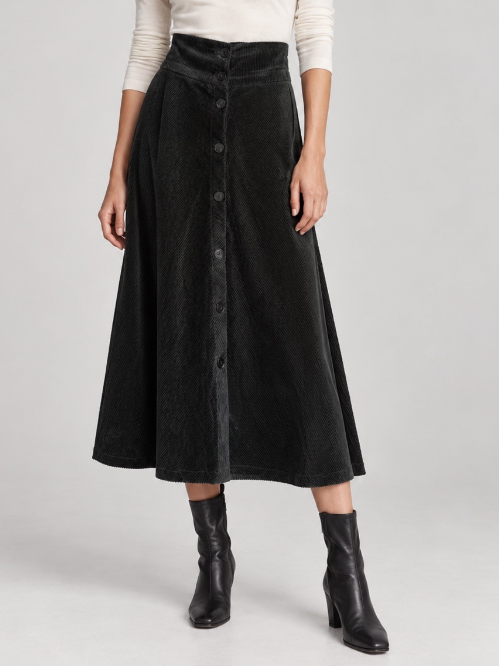 Zara Corduroy Button-Front A-Line Midi Skirt in Dark Forest Green